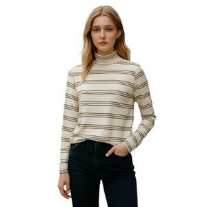 NEW LOFT Large Turtleneck Stretch Cotton Off-White with Black and Orange Stripes